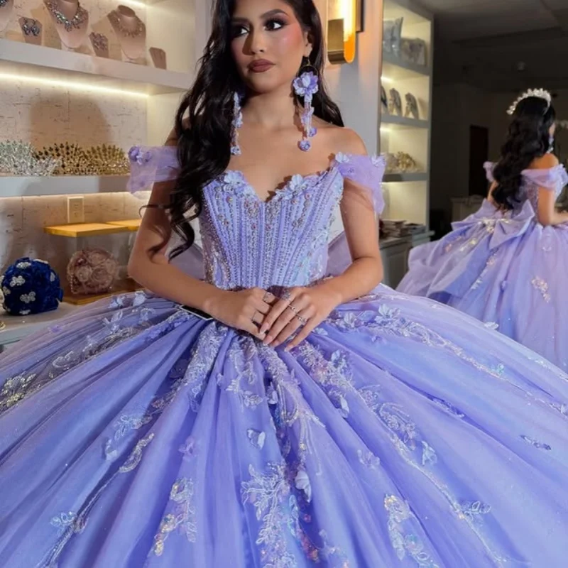 

Customized Lavender Purple Quinceanera Dresses Off the Shoulder applique Long tail 3D flower Tull Bow Vestido 15 Quinceanera