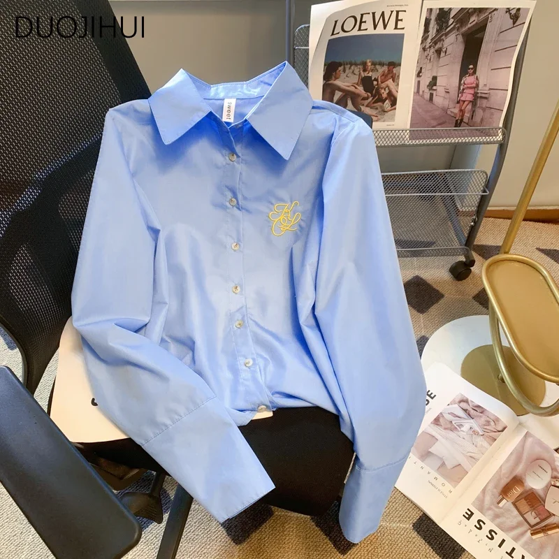 DUOJIHUI Blue Chic Embroidery Basic Polo Neck Women Shirt Spring New Elegant Office Lady Fashion Solid Color Simple Female Shirt