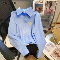 DUOJIHUI Blue Chic ricamo Basic Polo Neck camicia donna primavera New Elegant Office Lady Fashion tinta unita semplice camicia femminile