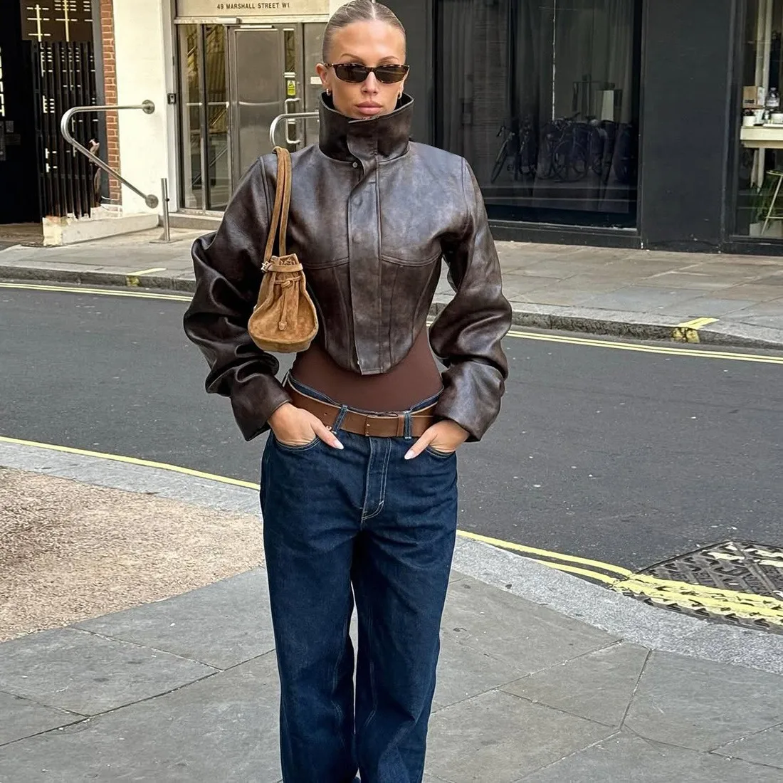 Slim Fit col haut fermeture éclair ort PU cuir Jaet femmes Faion Sexy Sle couleur vêtements d'extérieur automne hiver nouveauté