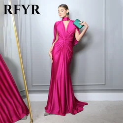 RFYR Hot Pink Evening Dresses V-Neck Long Party Dress Pleat Satin Prom Dress Halter Button Mermaid Draped Train Prom Gown