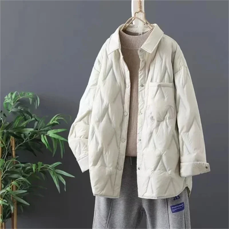 2025 Autumn Women Black Thin Cotton Quilted Coats Female Casual Lapel Jacket Female Spring Outerwear Red Button Padden Shirt Top