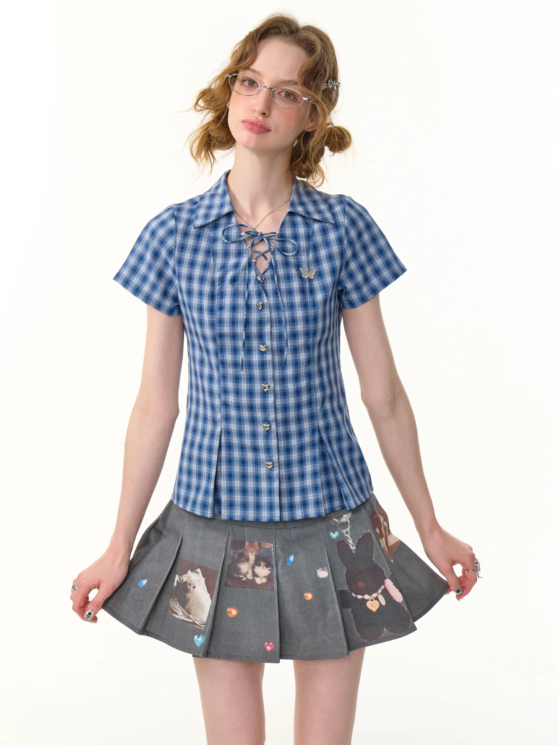 

ZiziFei Summer American Retro Design Blue White Plaid Belted Slimming Short Sleeve Shirt Women's Fashion Polyester Regular Fit