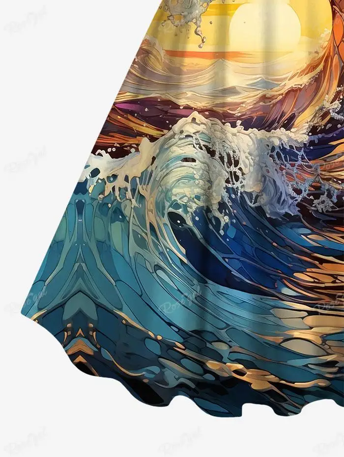 Shirt and Dress for Couples Plus Size платье женское платье женское Vacation Style Sea Waves Sunset Printed Buttons Pocket