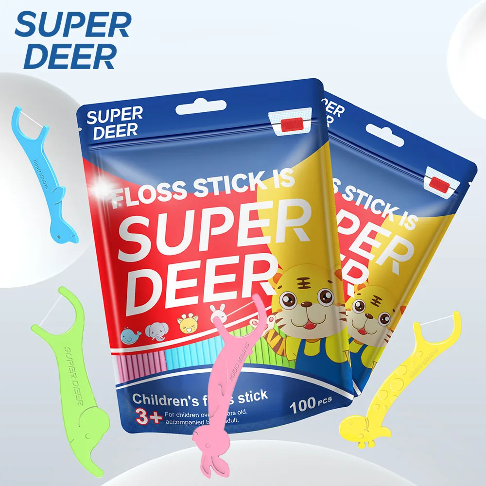 Super Deer 100PCS Cartoon Animal Dental Floss For Children Smooth Ultral-fine Floss Stick Disposable Interdental Cleaning Tool
