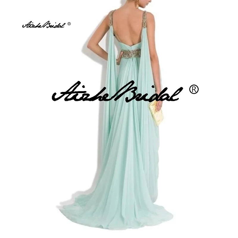 Vestidos de fiesta de gasa largos sin espalda con cuello en V Vestidos de noche con cuentas doradas, vestidos de noche formales