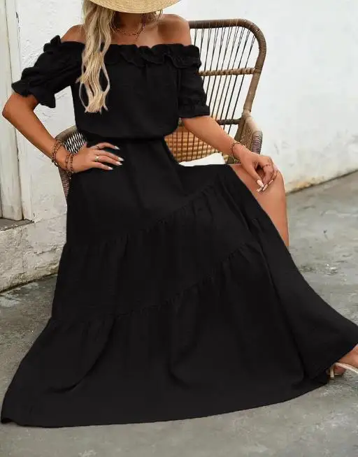 

2025 New Summer One Shoulder Wooden Ear Cinched Waist Side Slit Dress for Women