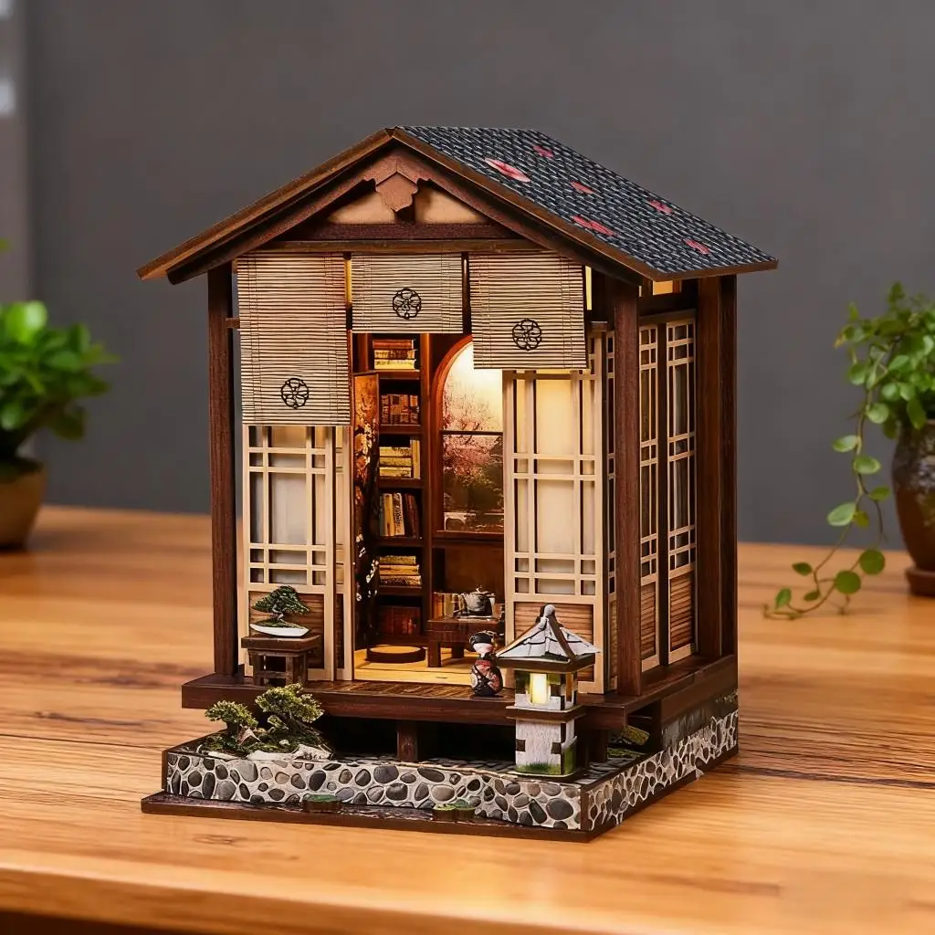 Japanischer Stil Puppenhaus DIY Miniatur-Set Zen-Garten Ruhiger Innenhof Holz-Bücherregal-Bausatz Wohndekor Geschenk für Erwachsene