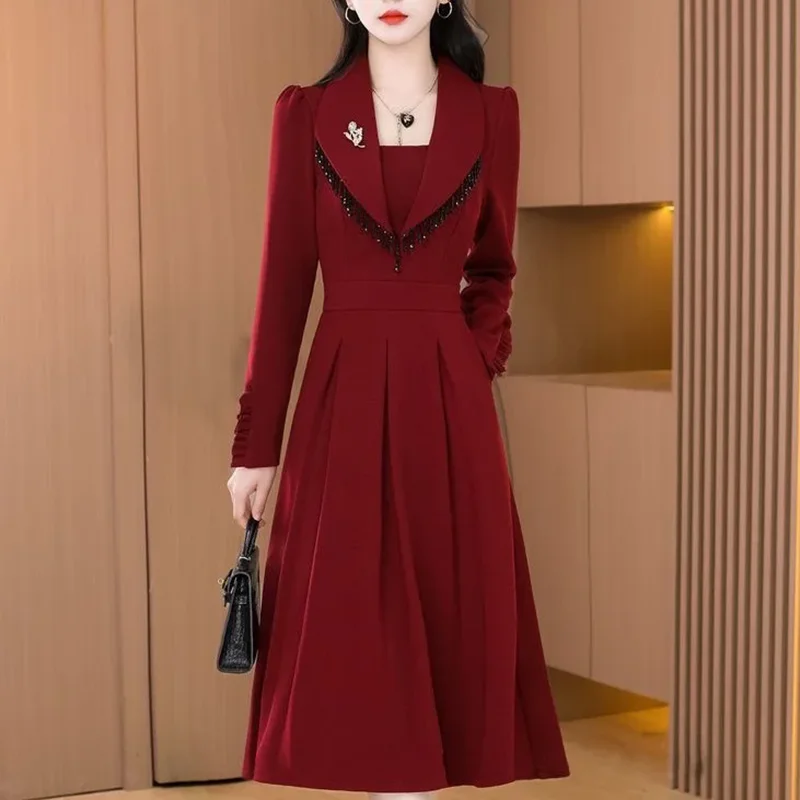 Spring Autumn Women Dress New Solid Color Long Sleeved Fake Two Piece Dress Elegant Female Mid Length Party Dresses Vestidos