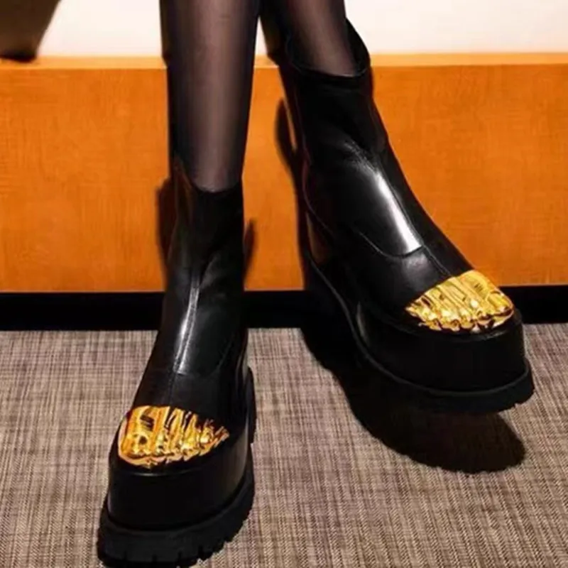 Fashion Ankle Boots For Women Luxury Mid-calf Boots Designer Thigh High Boots Metal Decoration Female Shoes Platform Zipper-sid