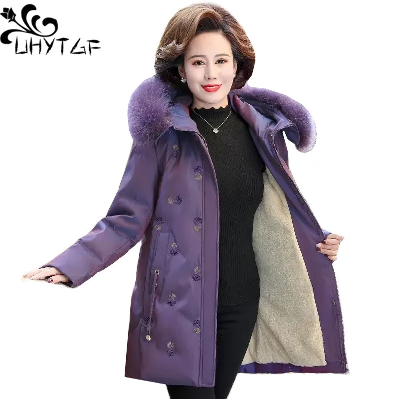 

UHYTGF 2022 5XL Mom Winter Coat Womens Thicken Down Cotton Windproof Warm Parkas Jacket Female Hooded Short Overcoat Ladies 2351