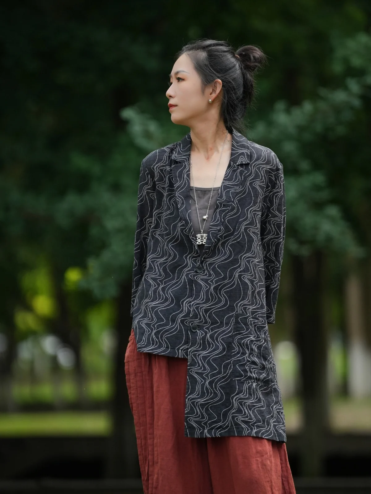 

PengPeng Home Cotton Linen Asymmetric Line Suit Jaet Original Design Summer Women's Faion Wooden Fiber Coat