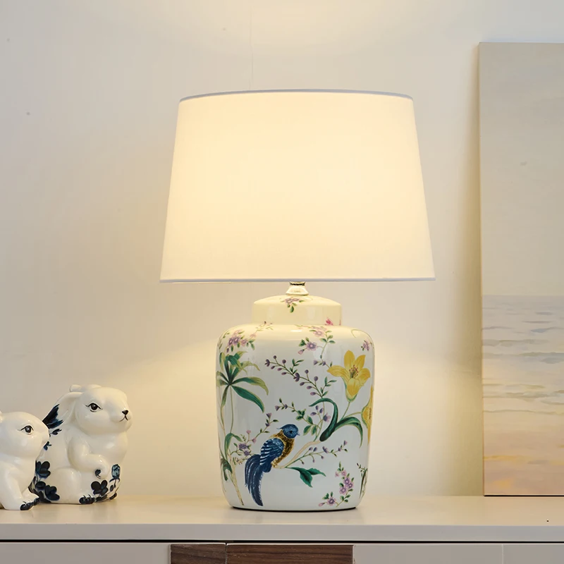 American Retro Printing Ceramics Table Lamps Rotundity White Fabric Lampshade Living Room Bedroom Restaurant Office Desk Lights