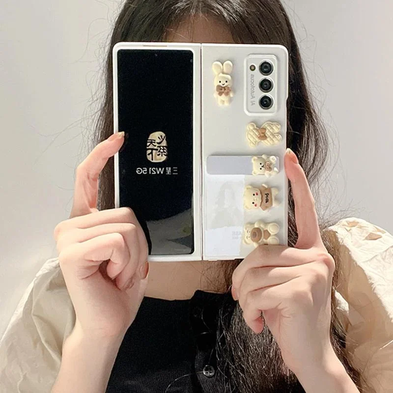 For Samsung Galaxy Z Fold 6 5 4 3 2 5G Phone Case Fashion Cute 3D Bear Metal Bracket Stand Holder Protective Cover