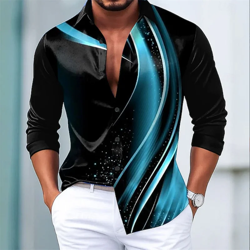 New Men's Shirt Long Sleeve Silk Shirt Luxury 3D Leaf Print Flap Collar Paisley Shirt Men's Clothing Top