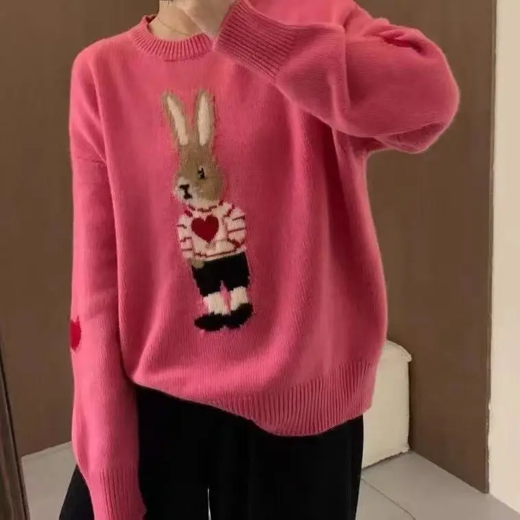 Korean Fashion Y2k Pulls Autumn Winter Cartoon Bunny Round Neck Pullover Long Sleeve Knitted Sweater for Women Winter 2022