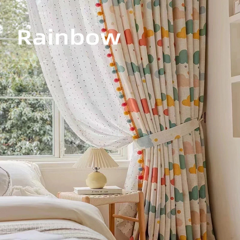 

Rainbow Clouds Curtain A Living Room Bay Window Balcony Retro Cute Children's Room Sheer Curtains High Shading Sweet
