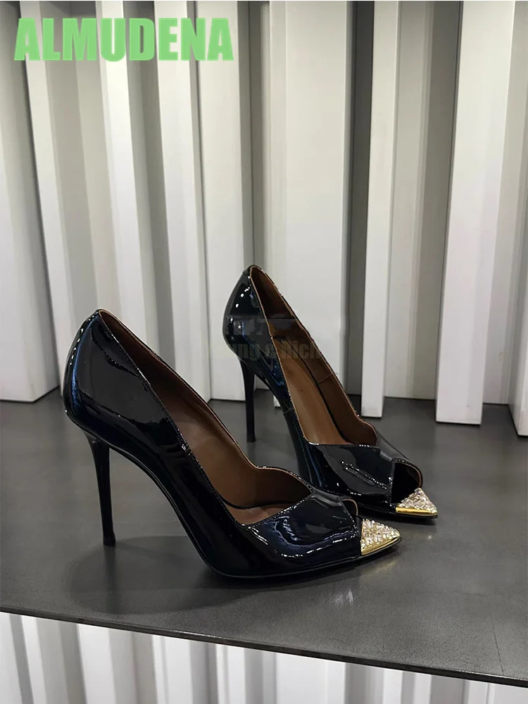 

Pointed Metal Rhinestone Exposed Toe High Heels Black Patent Leather Fish Mouth Women's Slim High Heels One Foot Sole Shoes