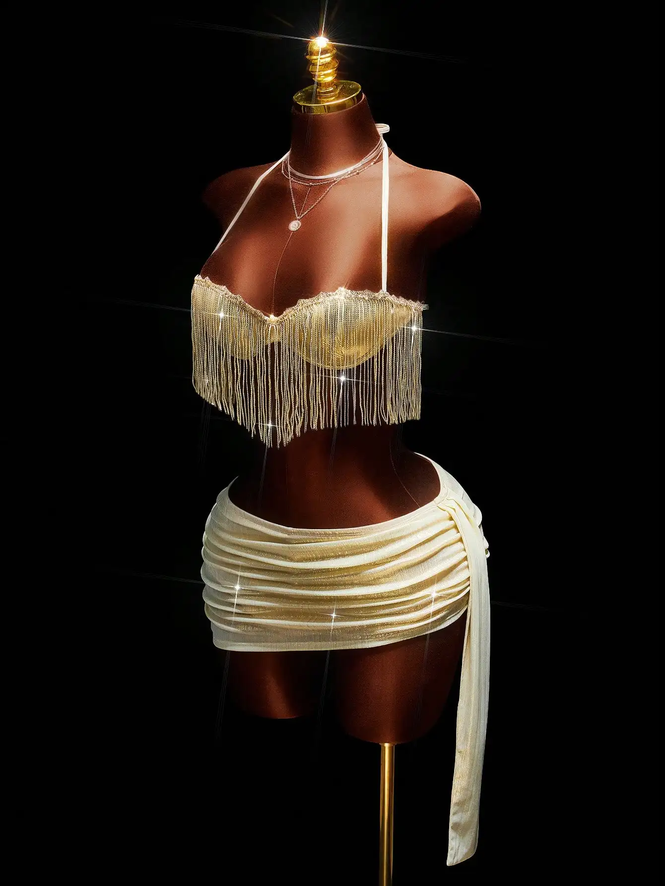 

Gold Fringe Crop Top and Wrap Mini Skirt Set for Party Wear