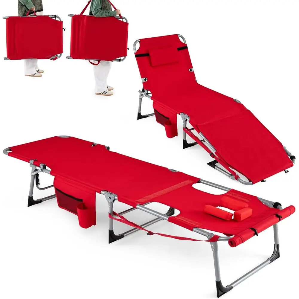 

Portable Adjustable Chaise Lounge with Armholes, 4-Level Backrest, Pillow, and Side Pocket, Ideal for Patio, Beach or Pool (Red)