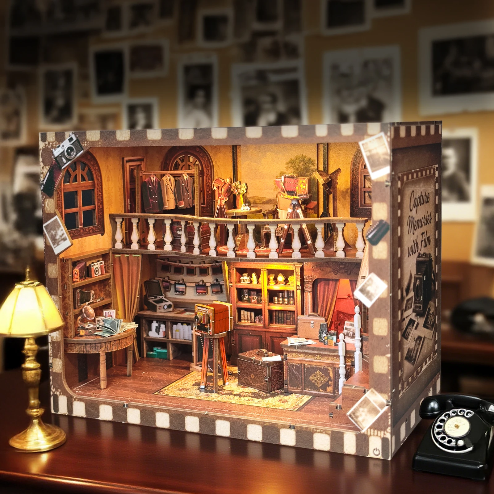 DIY Wooden Book Nook Shelf Insert Kit Nostalgic Photo Studio Bookend Miniature Model Kits Bookshelf with Light for Friends Gifts