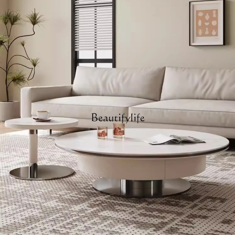 

Italian Minimalist Stone Plate Coffee Table Size round Saddle Leather TV Cabinet Tea Table