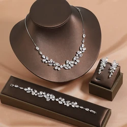 ZAKOL Luxury White AAA Zircon Earrings Bracelet Necklace Jewelry Set Gorgeous Tassel Charm 4pcs Set for Wedding Party