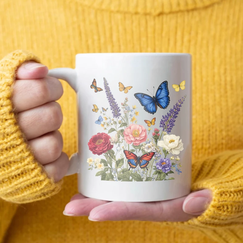 

Ceramic coffee mugs, white floral and butterfly prints, suitable for home office or gift giving