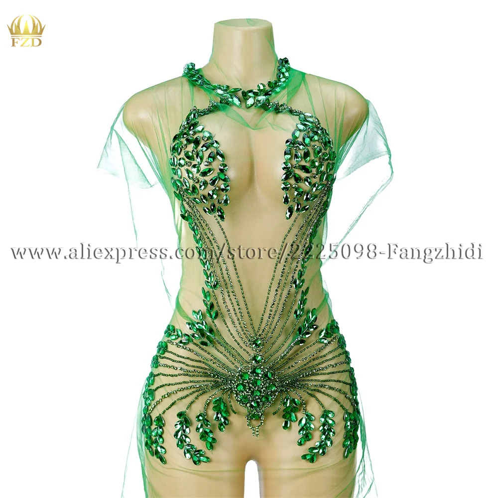 

FZD 1 PCS Green Diamond Mesh Birthday Dress Women Sexy Rhinestone Party Dress Translucent Mini Club Dress Appliques for Clothing