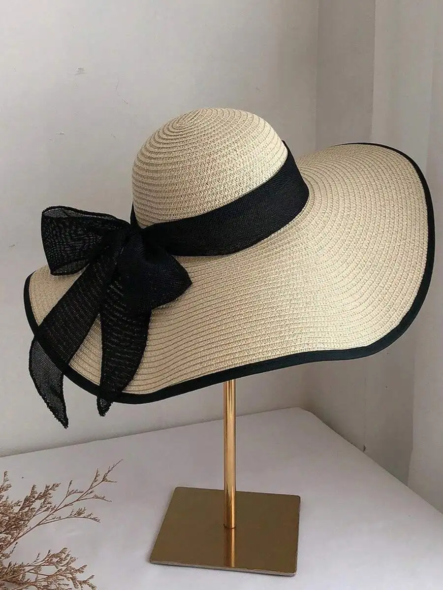 

Women Oversized Brim Straw Hat With Black Bow Summer Sun Protection Beach Hat