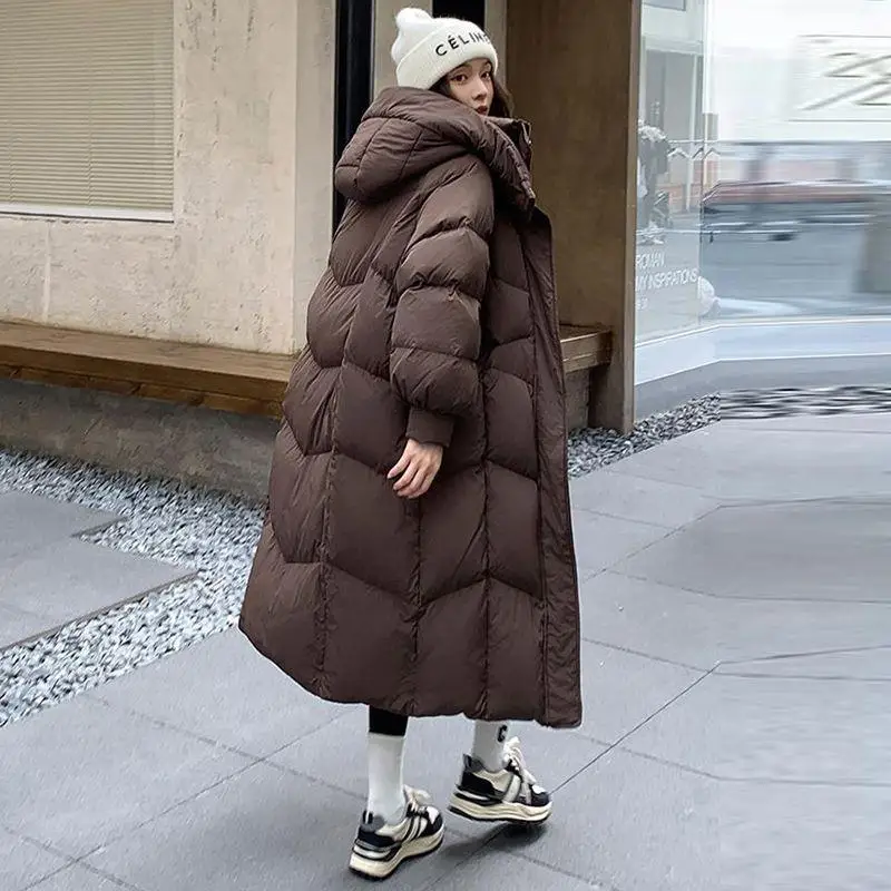 

Faionable White Du down Jaet Knee-Length Hooded Loose Women's Puffer Coat Commute Sle Regular Sve Long Zipper