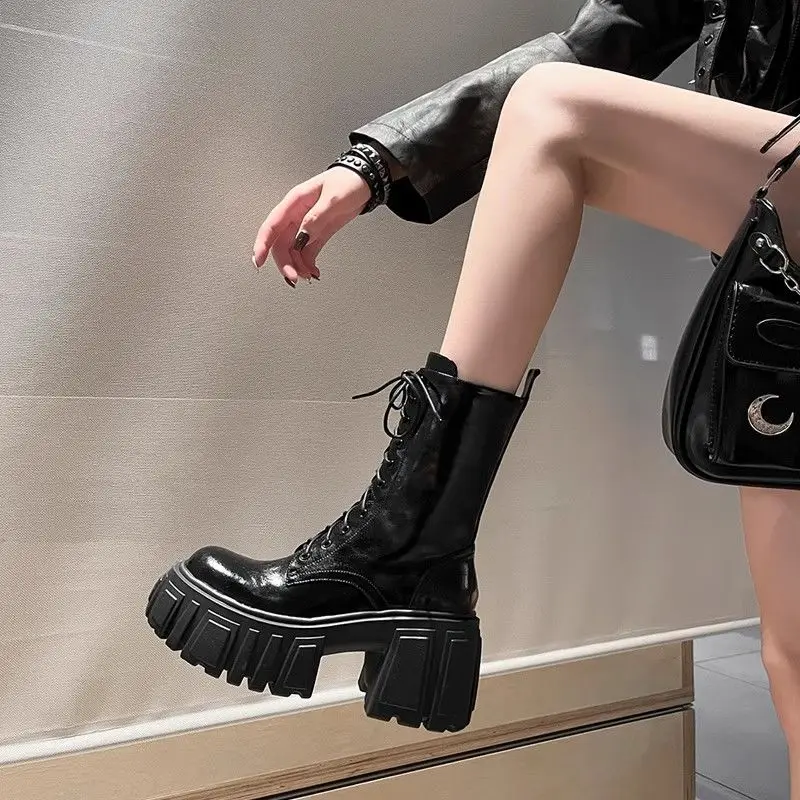 2024 New British Small Women's Heightening Short  American Travel Black Medium Motorcycle Boots