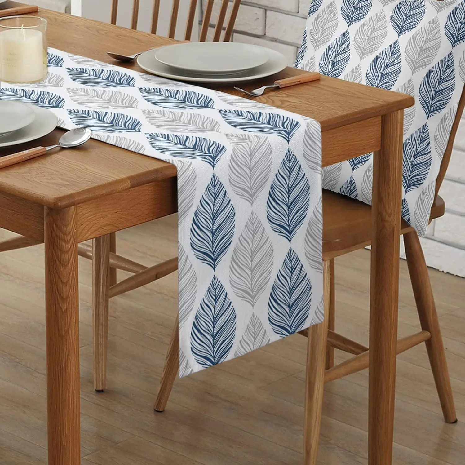 Blue Grey Leaf Linen Table Runners Dresser Scarves Table Decor Farmhouse Kitchen Dining Table Runners Wedding Party Decorations