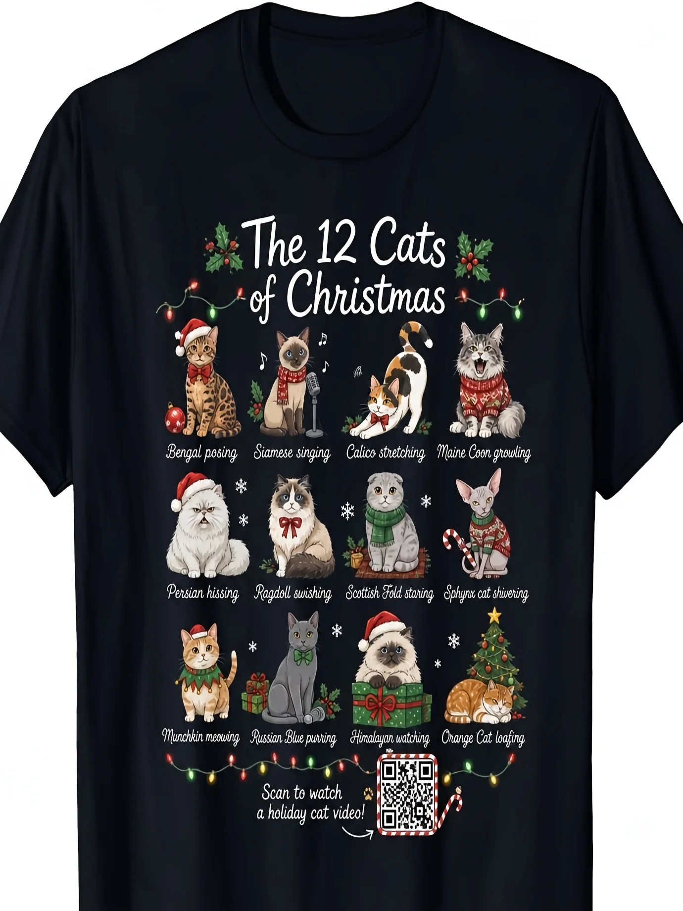Christmas Cat Lovers 12 Cats Of Christmas Graphic T-Shirt Casual Holiday Crew Neck Short Sleeve Black Tee
