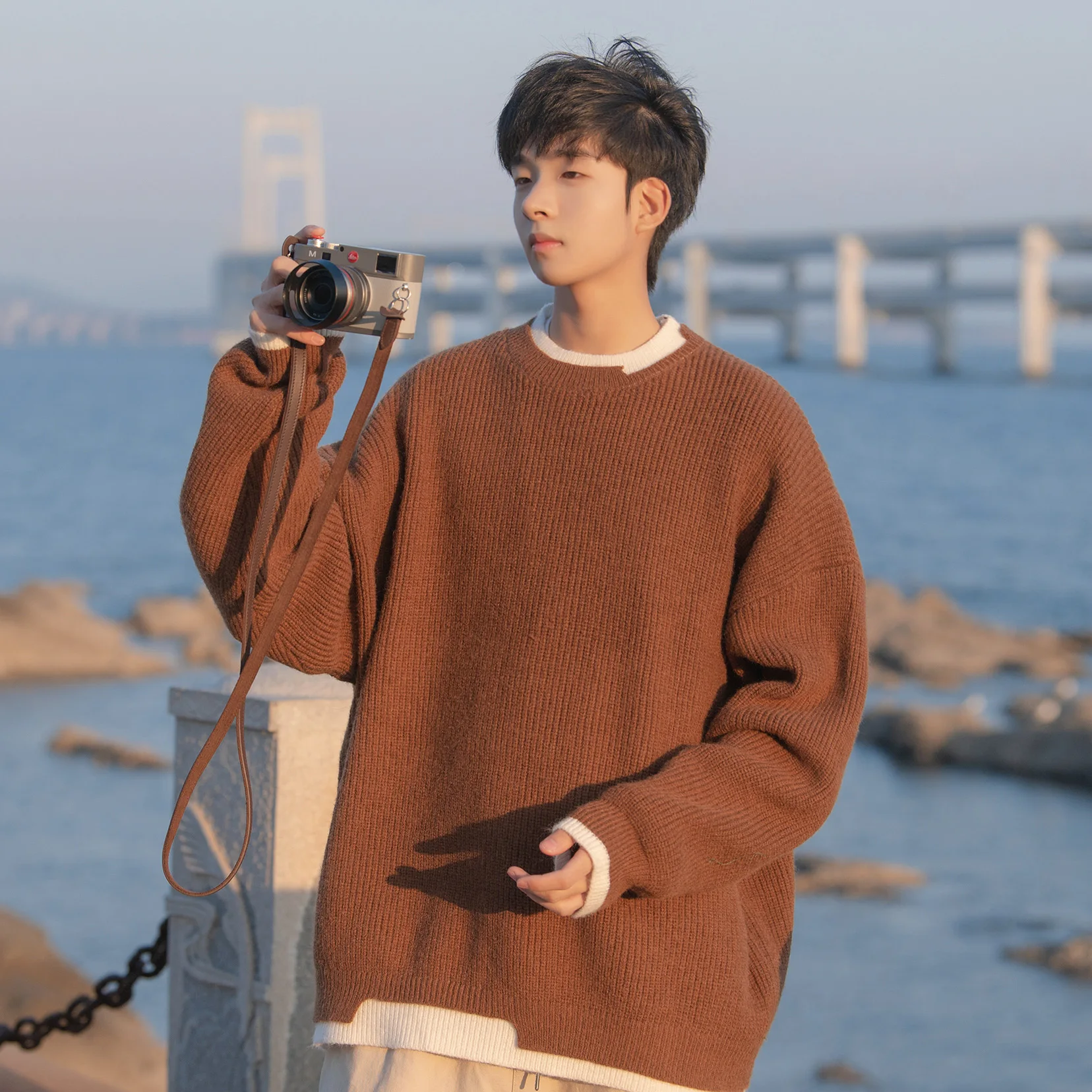 

Loose Fit round Ne Men's Knitwear Fake Two-Piece Sle Casual Lazy y Autumn Winter New Arrival Base Layer irt