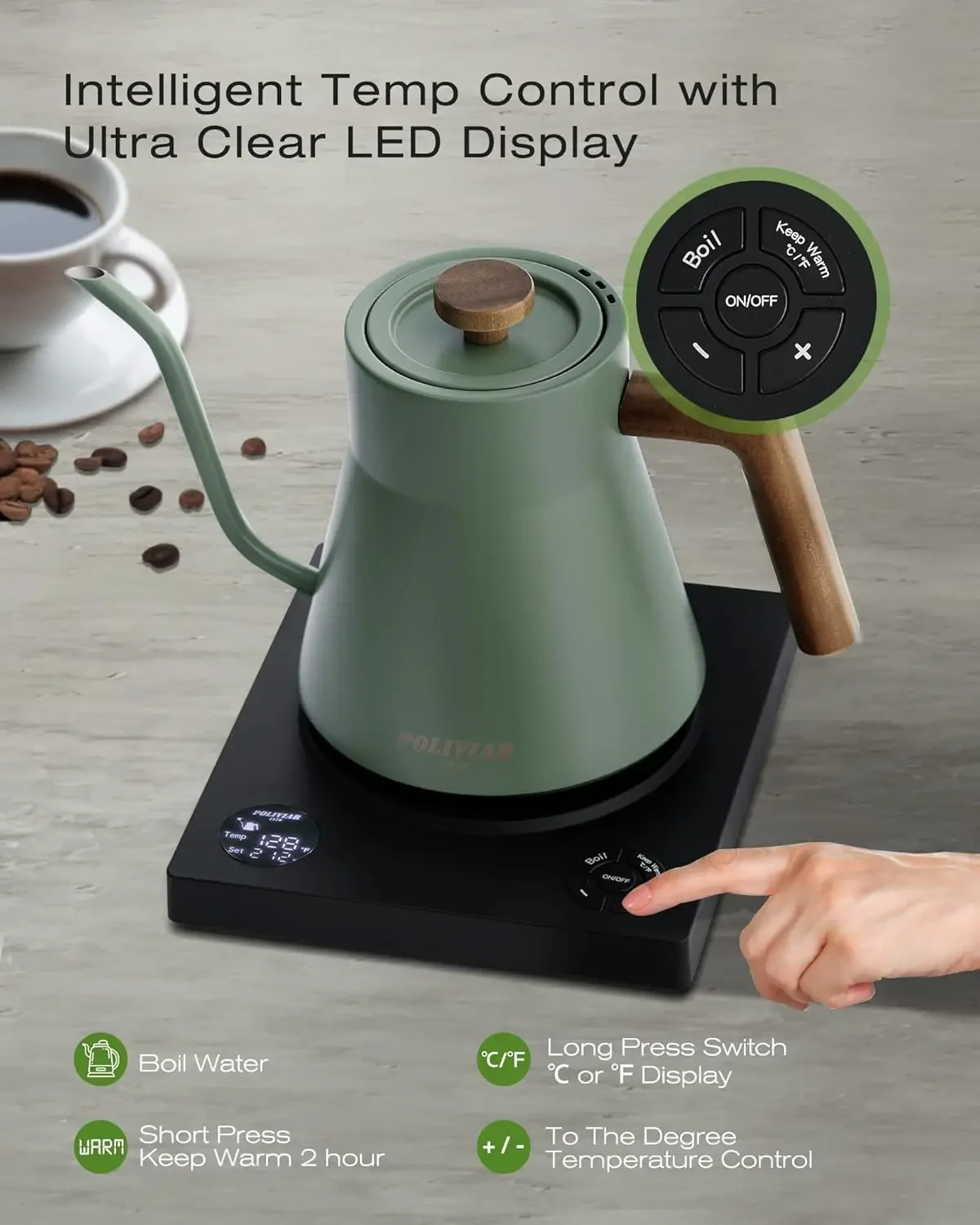 Hervidor eléctrico con cuello de cisne, hervidor de té eléctrico de 1200W con mango de madera auténtica, hervidor eléctrico de 34oz para café y té, 18/8