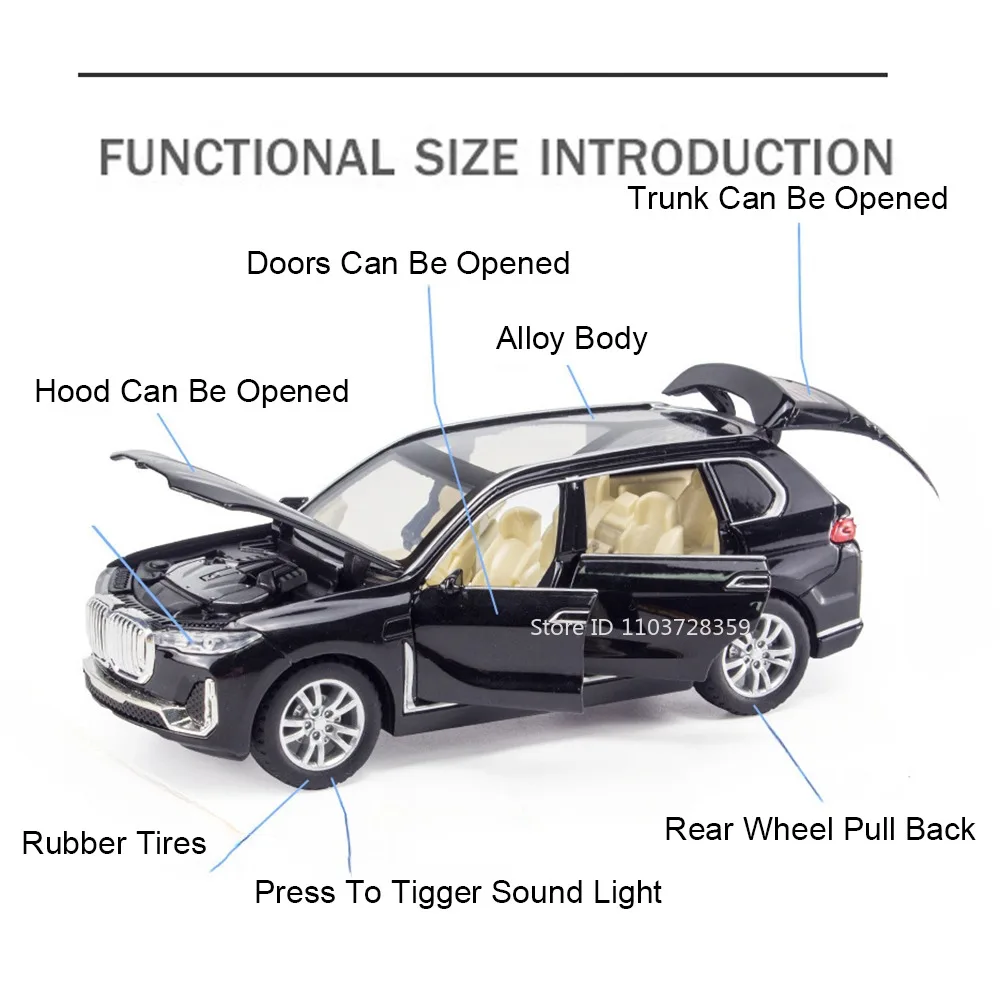 1:32 Scale X7 X5 Toy Car Models Alloy Diecast Miniature Models Sound Light Doors Opened Pull Back Ornament Vehicles Child Gifts