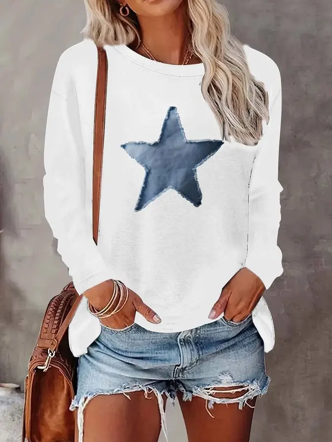 Camiseta de manga larga con cuello redondo para mujer, estilo grunge 2026, con estampado gráfico vintage de estrellas y flecos, corte holgado y cómodo, versátil, estilo bohemio, básica, informal, para uso diario.