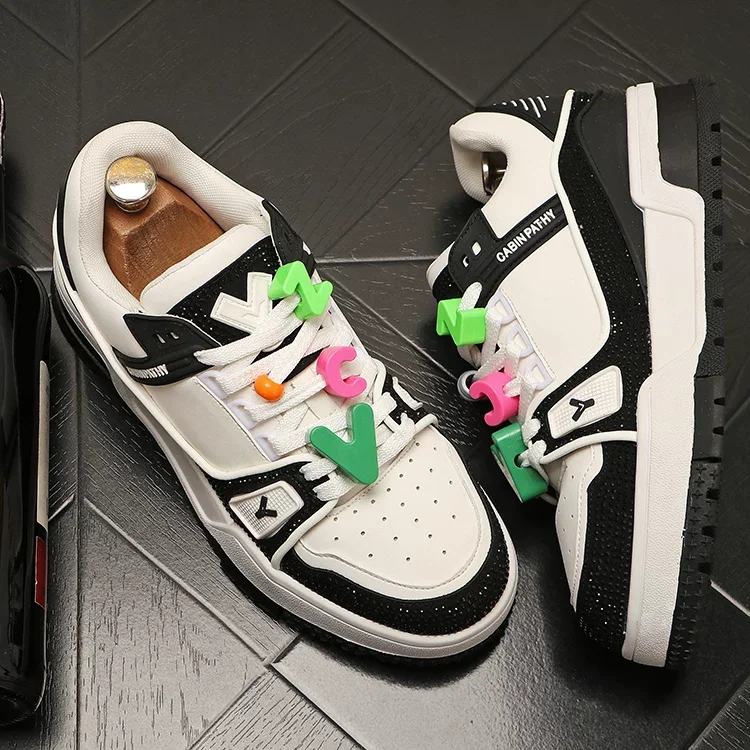 Sneakers Casual Mens Designer Punk Rhinestone Shoes Fashion Microfiber Leather Breathable Height Increased Flat Platform Shoes