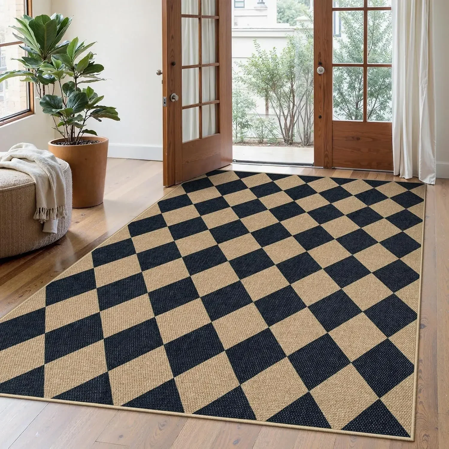 

Checkered Easy Jute 5x7 Area Rug, Washable Outdoor Patio Carpet for Living Room, Non Slip Black Indoor/Outdoor Rug