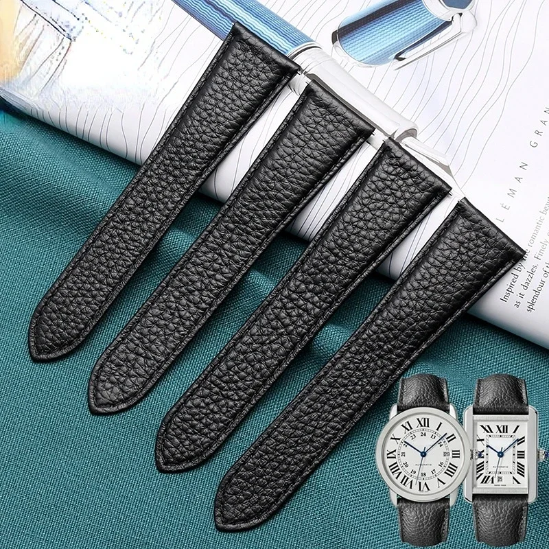 For Cartier Tank London Solo Lychee textured cowhide Watchband Men Women band 17 20 22 23 24 25mm Genuine LeatherWatch Strap