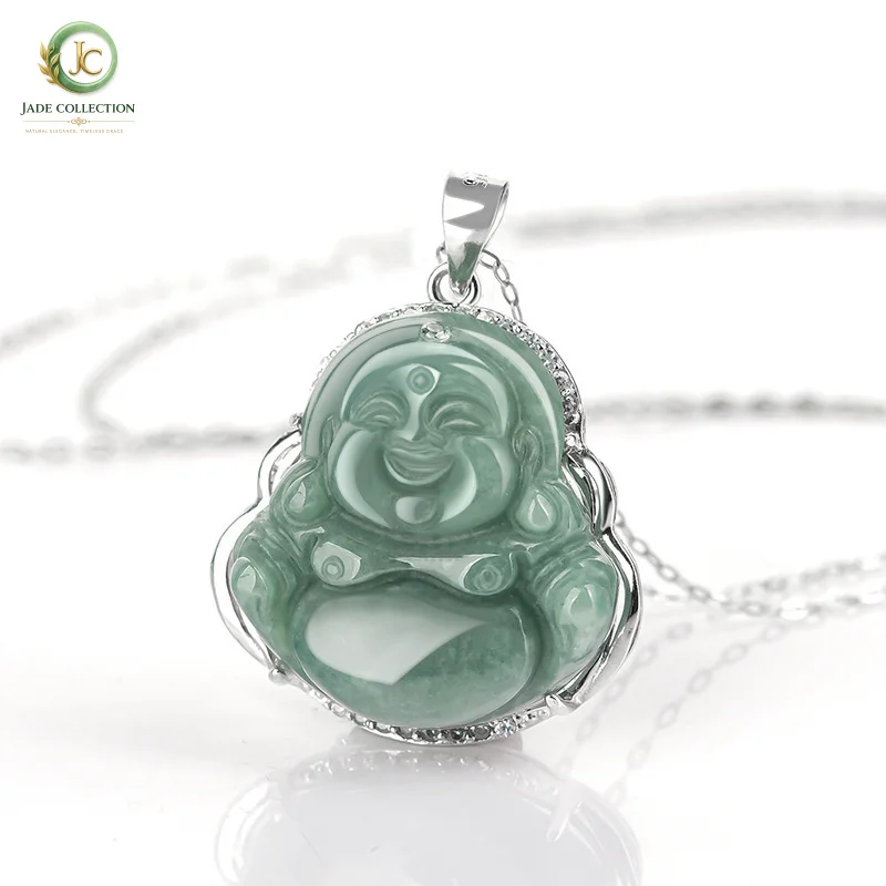 Natural JadeiteaGenuine Laughing Buddha PendantS925Silver-inlaid jade pendant for women, jadeware wholesale