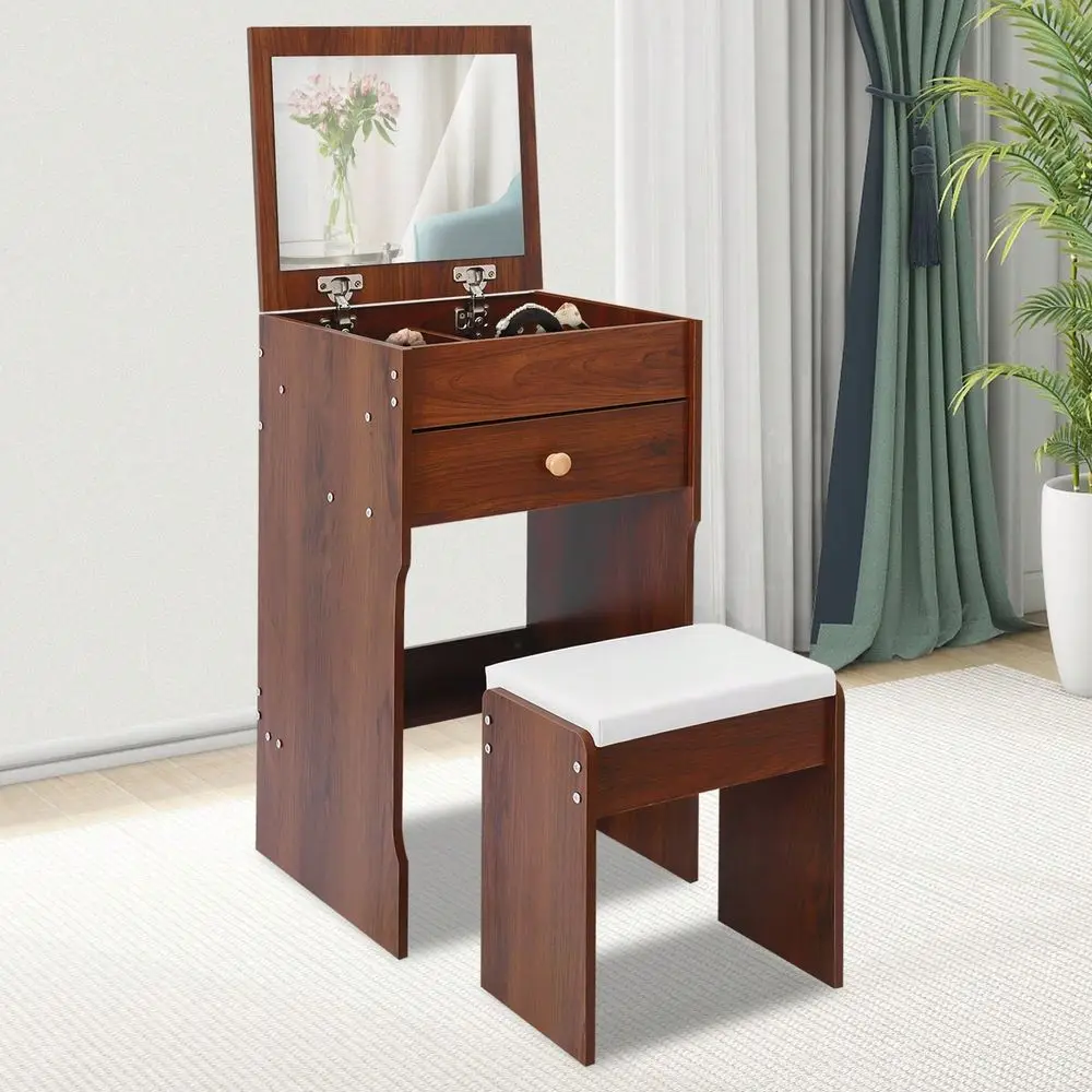 

Home Vanity Table With Mirror, 28.4 Height Compact Makeup Vanity With Storage Compartments And Stool, Dressing Table For Bedroo