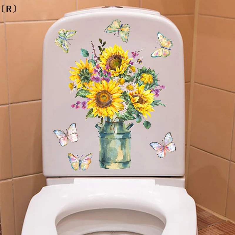 〔R〕Sunflower Vase Wall Sticker Self Adhesive For Toilet Bathroom Living Room Cabinet Home Decor Beautiful Flower Decal〔Winter2〕