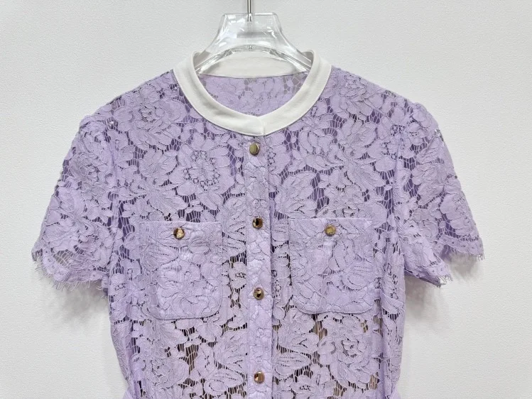 Lace Long Dress 2025 Summer Party Events Women Pocket Belt Patchwork Button Front Short Sleeve Purple Elegant Maxi Dress Prom
