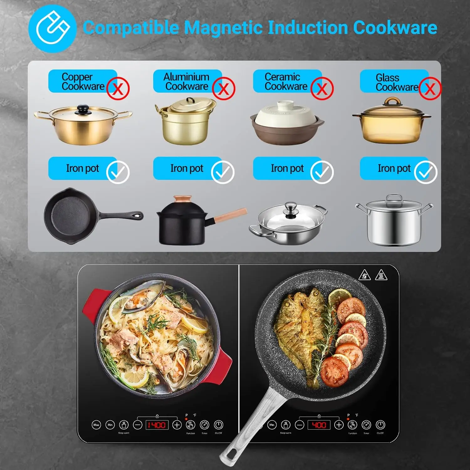 Aobosi-Table de cuisson à double induction, cuisinière à induction portable avec 2 brûleurs, contrôle indépendant, corps ultra fin, 10 températures