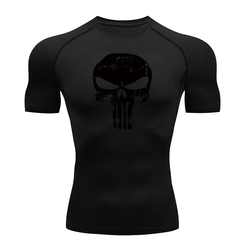 Skull Print Compression Shirts for Men Gym Workout Running Tshirts Sporty Athletic Quick Dry Tees Tops Short Sleeve Rash Guard