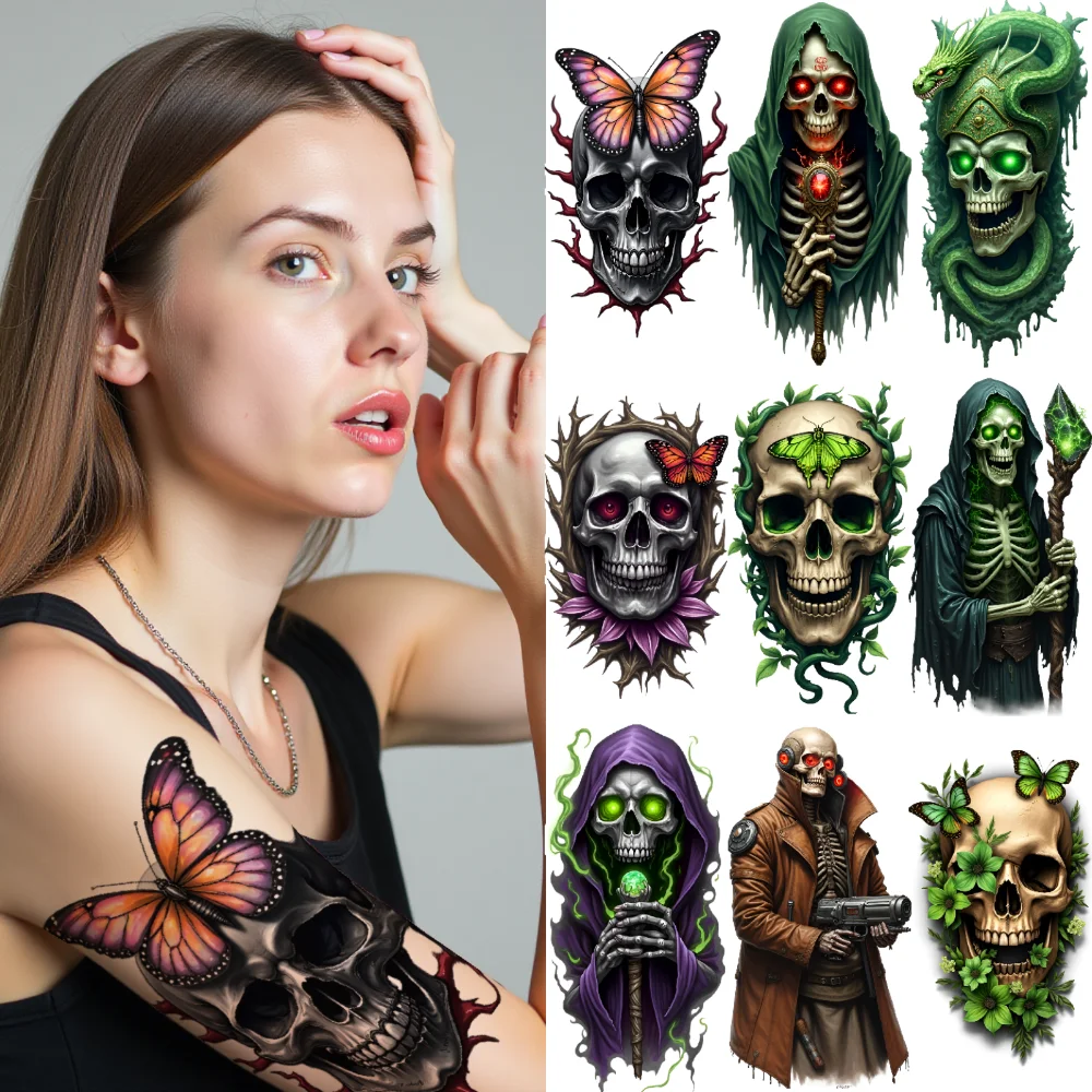 

3pcs Temporary Tattoo Waterproof Long-lasting Body Stickers Skull With Butterfly Skull And Snake Skull With Green Leaves For