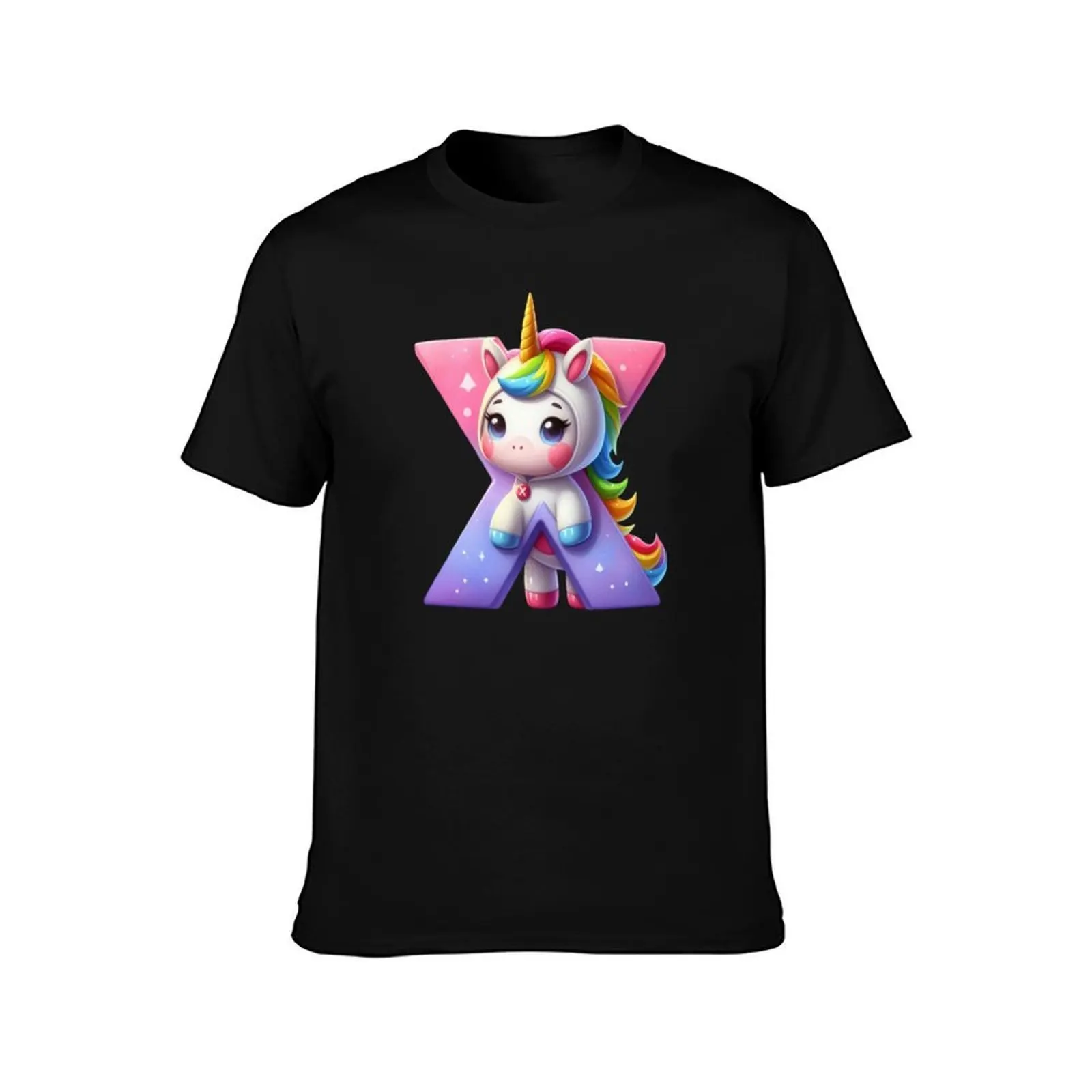 Unicorn kawaii alphabet monogram letter X T-Shirt, Summer Casual Cotton Tee, Oversized Streetwear Tops, Vintage Graphic Print