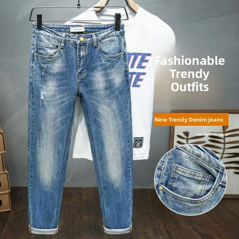 

Свободные повседневные мужские джинсы, эластичные, модные, летние, осенние, универсальные длинные брюки, джинсы прямого кроя, молодежный стиль, износостойкие.